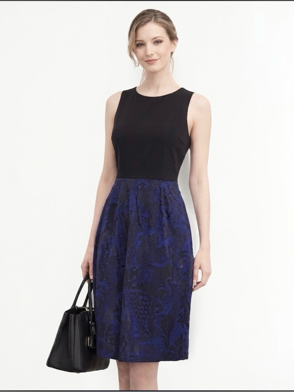 Theory Black Blue Purple Mixed Media Sleeveless A-line Dress 6 Quiet Luxury